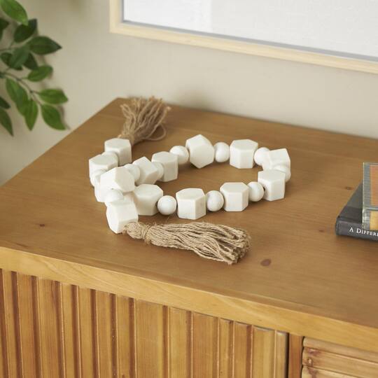 42" White with Brown Jute Knotted Marble Handmade Hexagon Beaded Garland